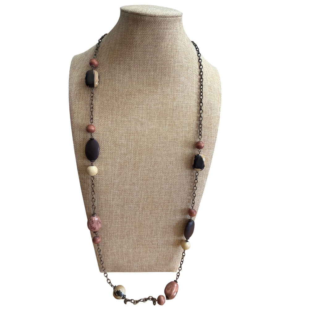 Long Bronze Tone Boho Necklace with Earthy Wood  Resin Beads Boho Eclectic